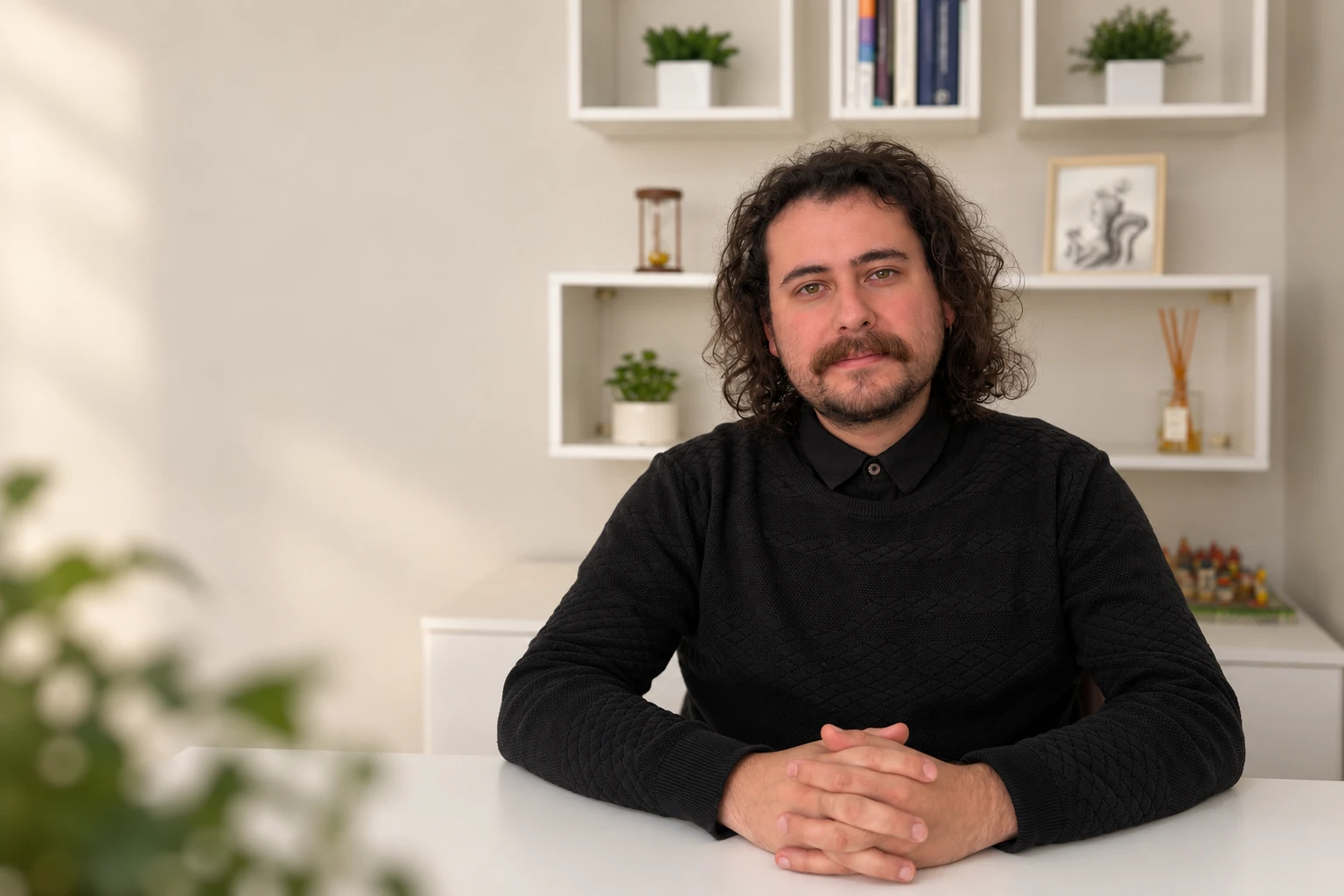 Roberto Campos, psicólogo, sentado à mesa do consultório, em ambiente claro com planta e estante.