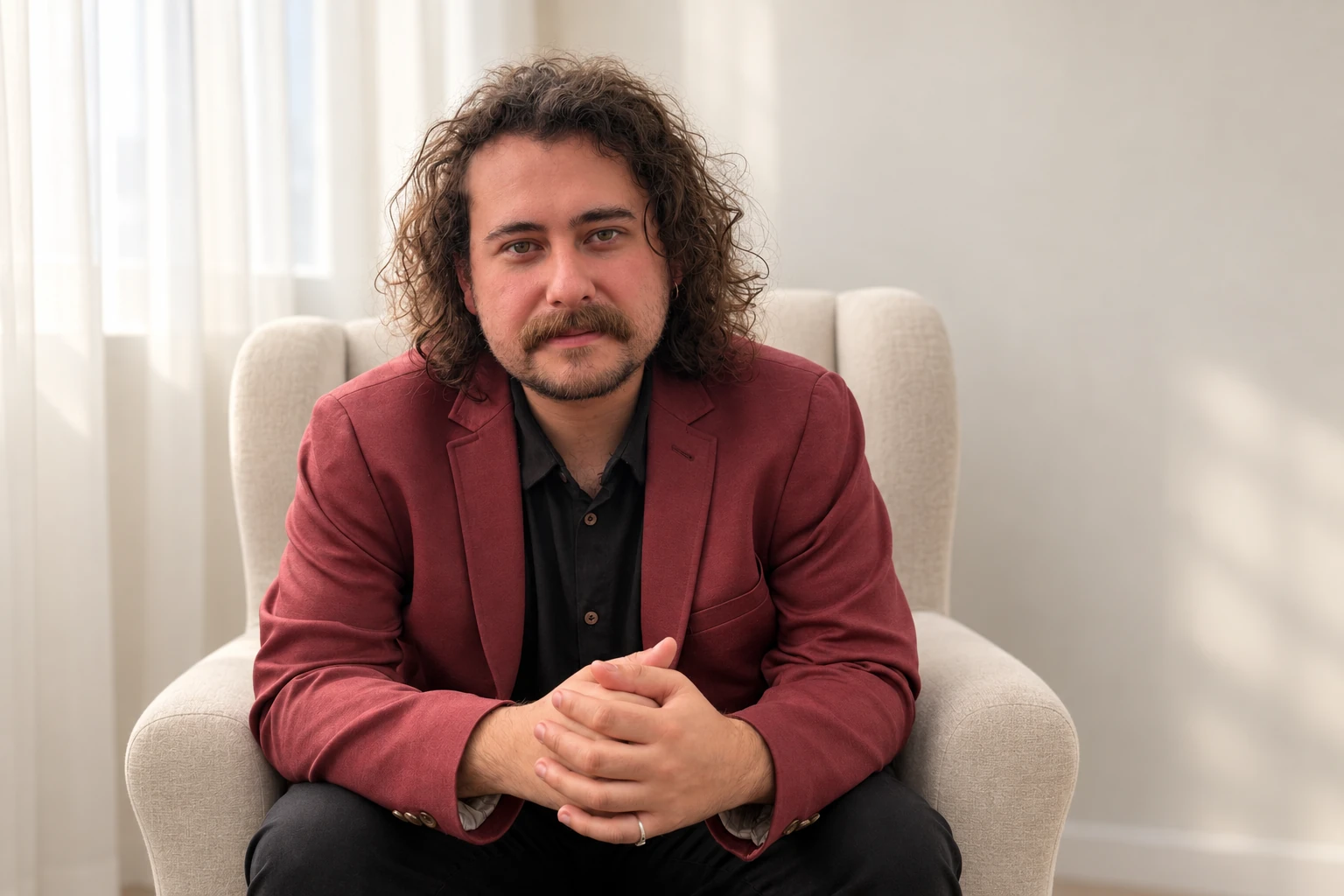 Roberto Campos, psicólogo, sentado em poltrona no consultório, com luz de janela ao fundo.